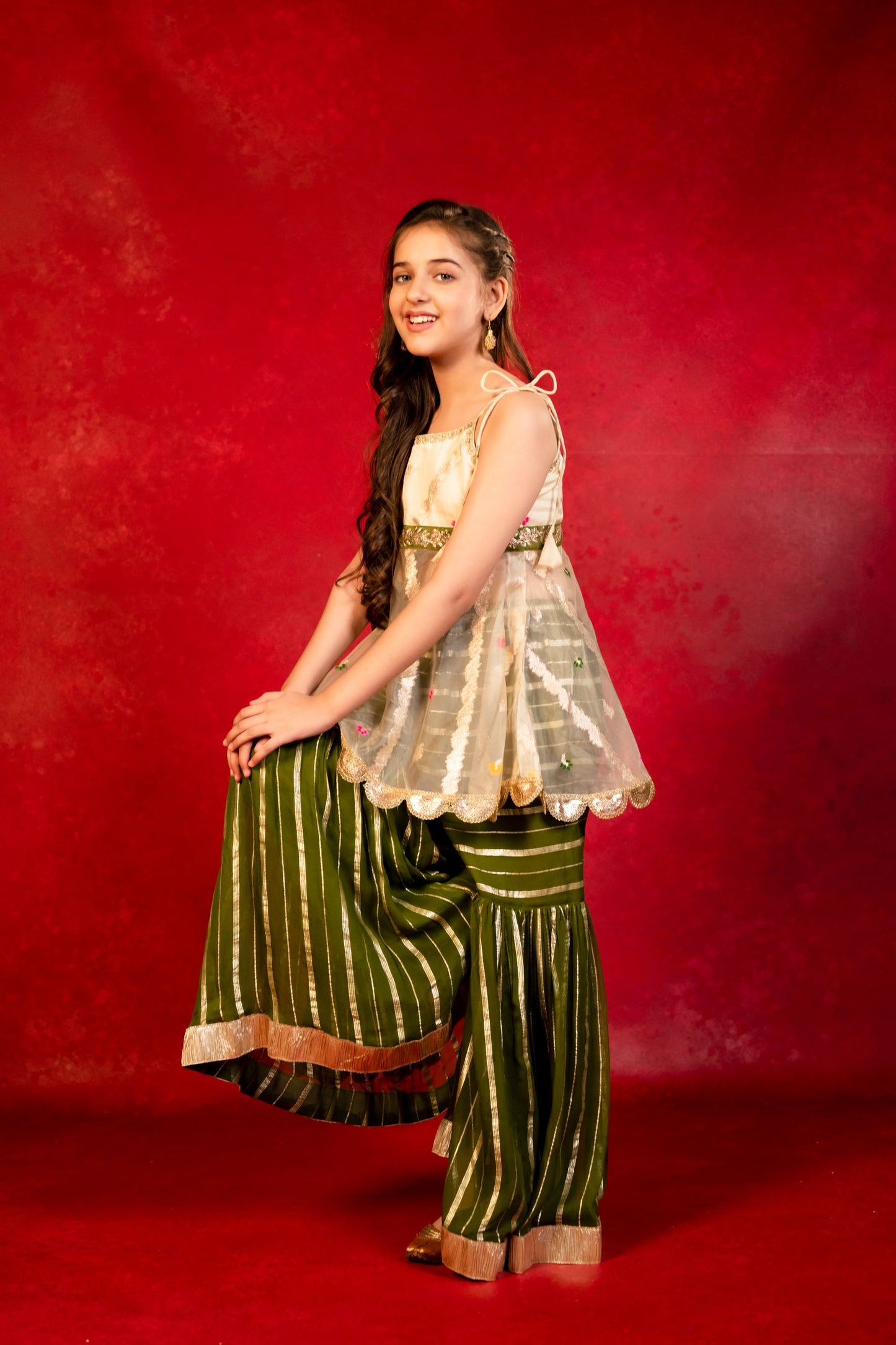 Girls Green Floral Sharara set