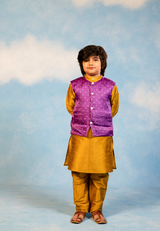 Boys Purple Organza Silk Jacket with Mustard Silk Kurta & Pant (Set of 3)