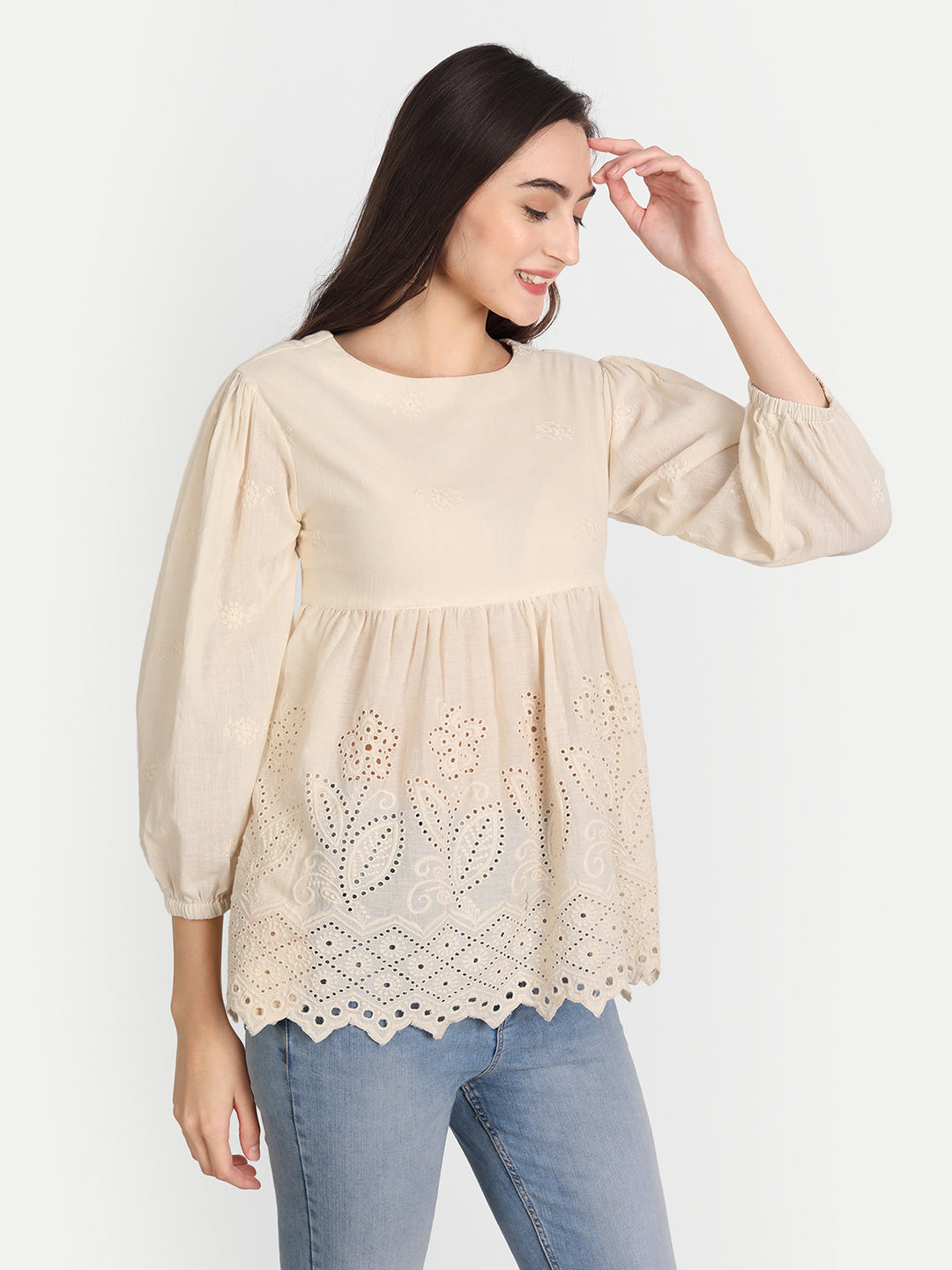 Schiffli Self Design A-Line Pleated Cotton Top