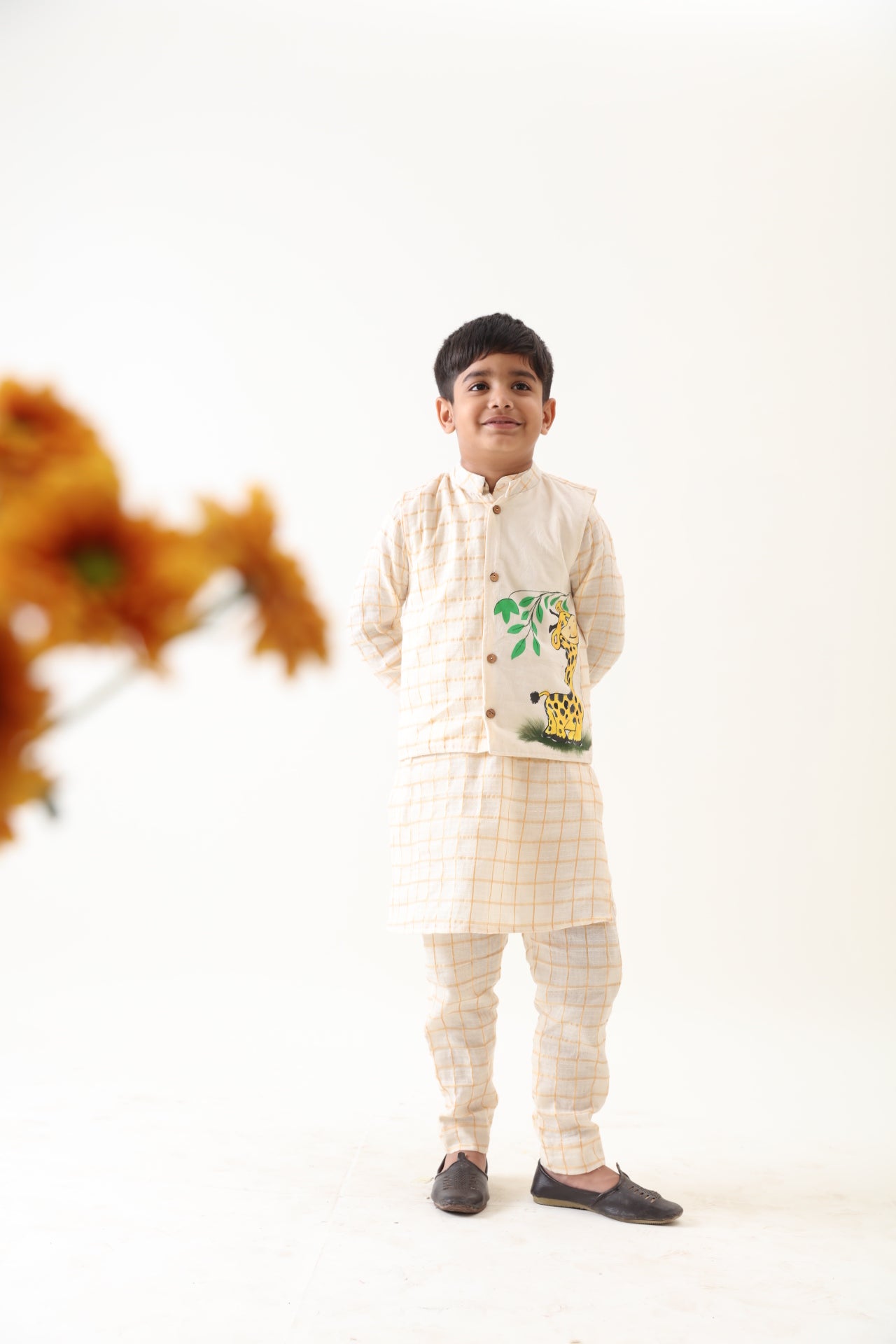 Boys Golden Checks Cotton Kurta Set With Hand Painted Giraffe Jacket