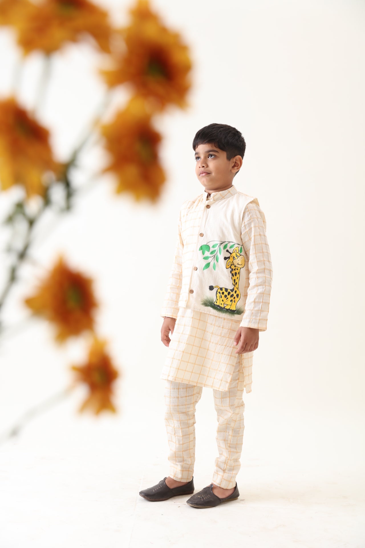 Boys Golden Checks Cotton Kurta Set With Hand Painted Giraffe Jacket