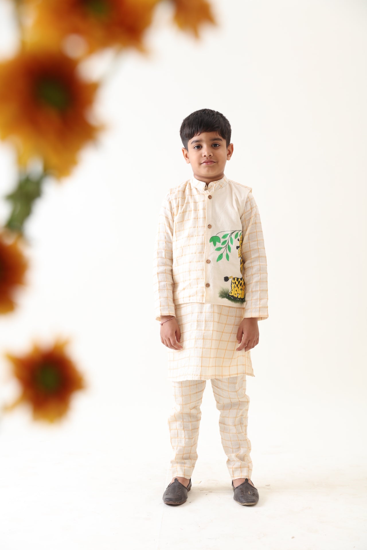 Boys Golden Checks Cotton Kurta Set With Hand Painted Giraffe Jacket