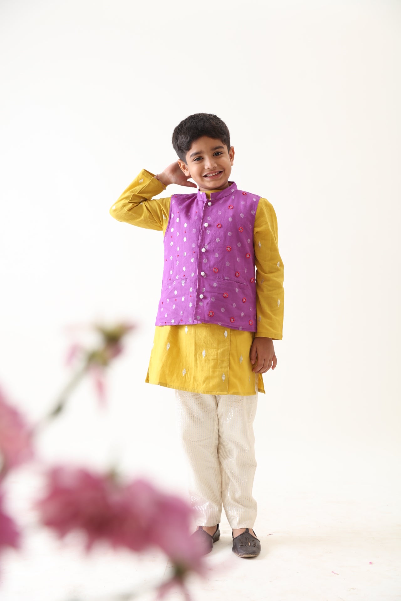 Boys Cotton Lurex Purple Bead Work Jacket With Yellow Kurta And Silver Striped Pant (Set of 3)