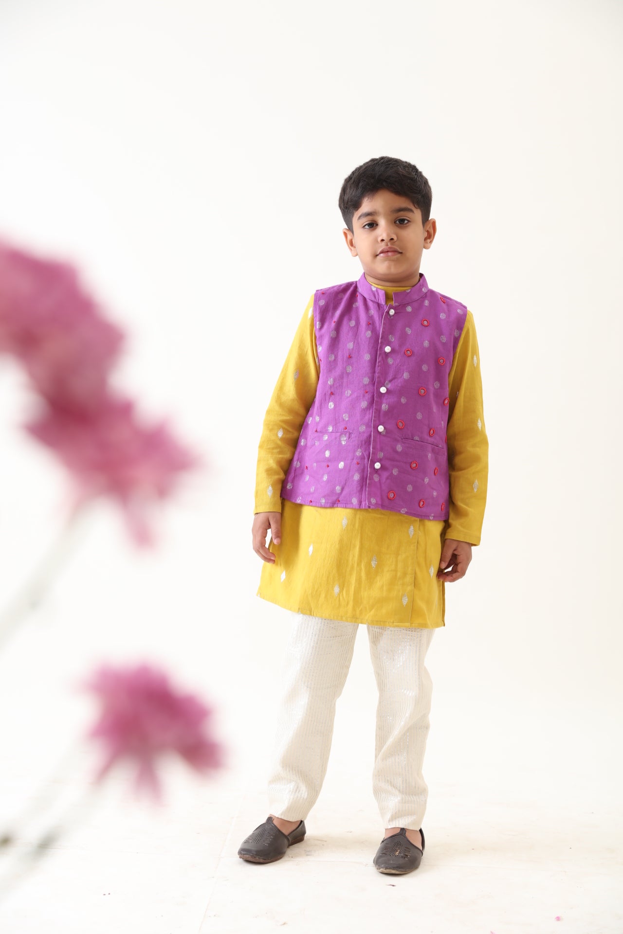 Boys Cotton Lurex Purple Bead Work Jacket With Yellow Kurta And Silver Striped Pant (Set of 3)