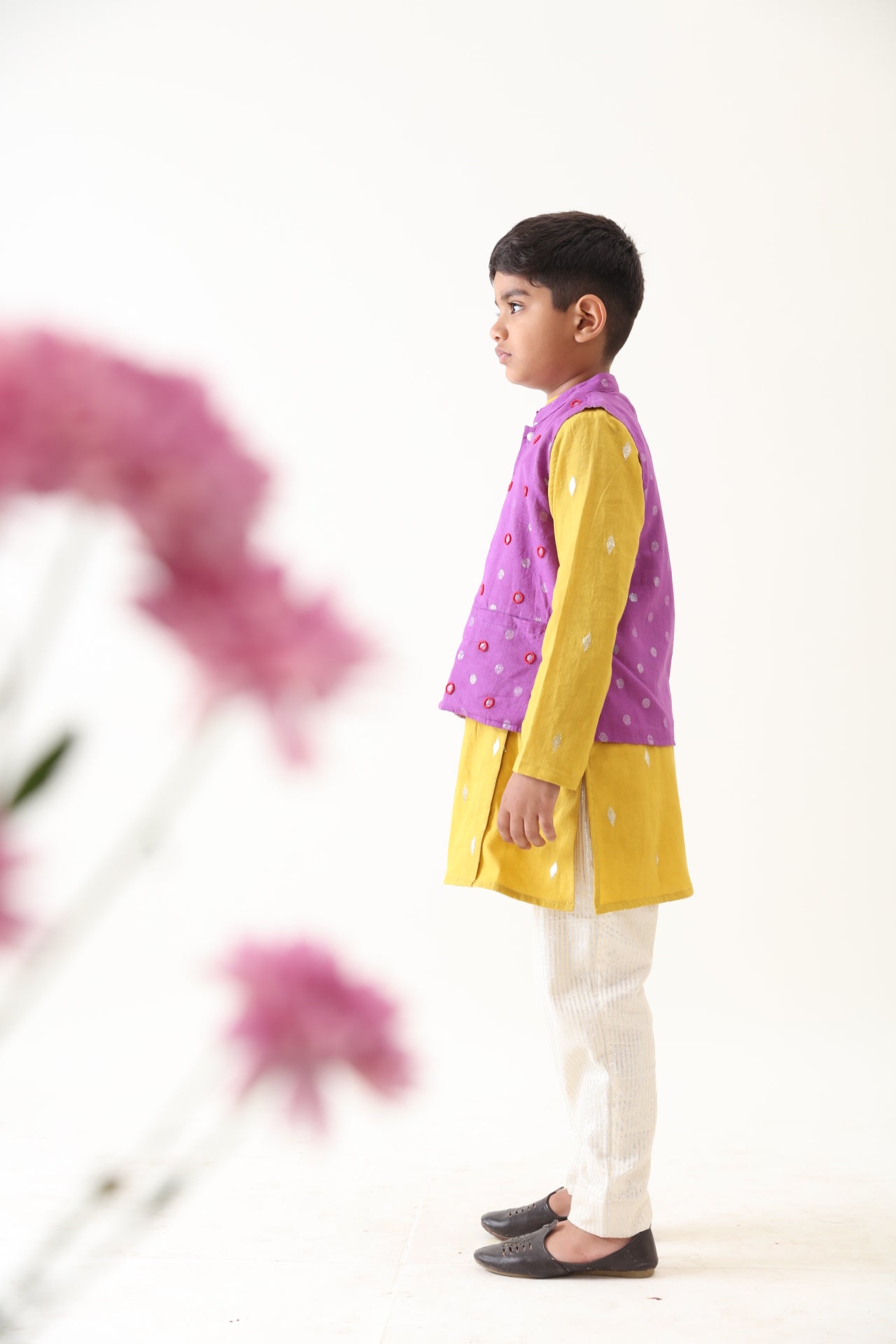 Boys Cotton Lurex Purple Bead Work Jacket With Yellow Kurta And Silver Striped Pant (Set of 3)