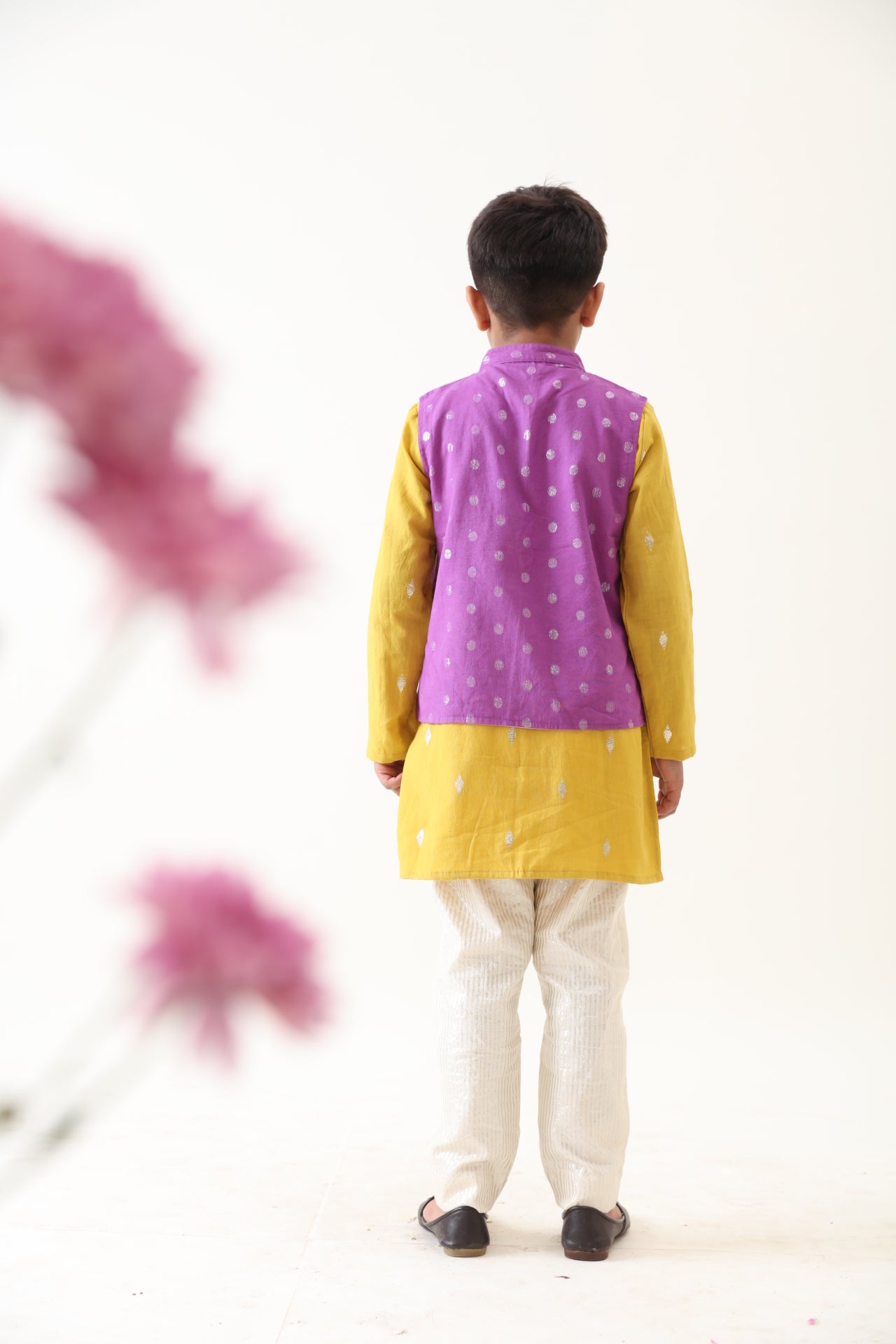 Boys Cotton Lurex Purple Bead Work Jacket With Yellow Kurta And Silver Striped Pant (Set of 3)