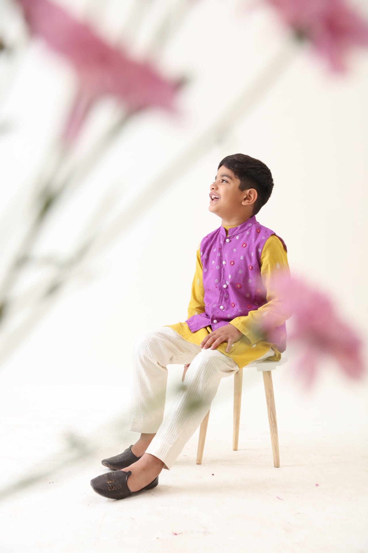 Boys Cotton Lurex Purple Bead Work Jacket With Yellow Kurta And Silver Striped Pant (Set of 3)