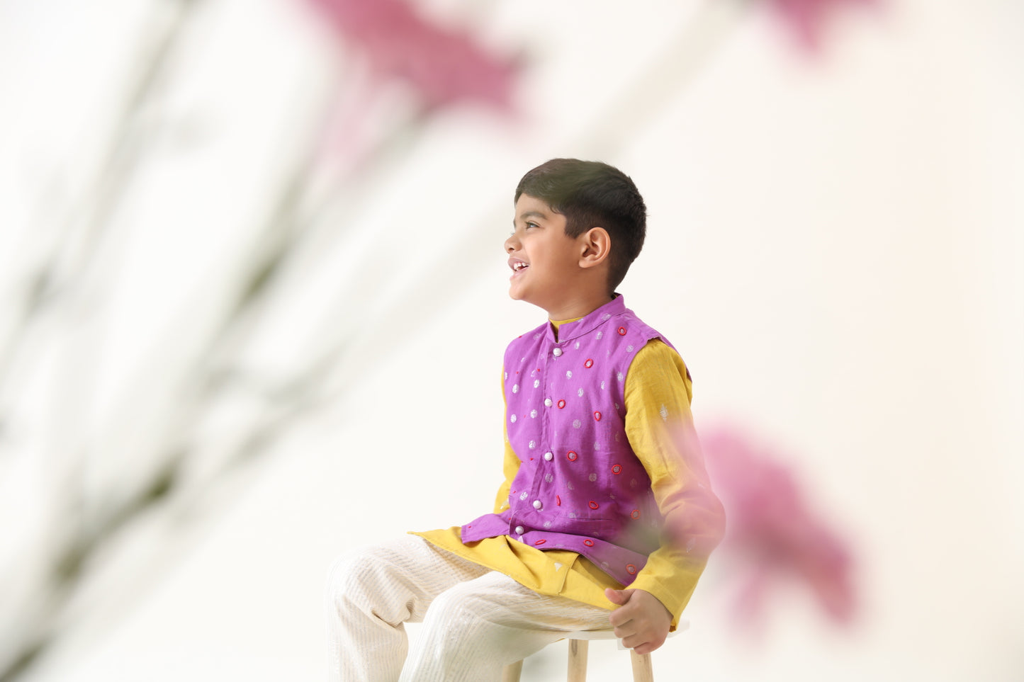 Boys Cotton Lurex Purple Bead Work Jacket With Yellow Kurta And Silver Striped Pant (Set of 3)