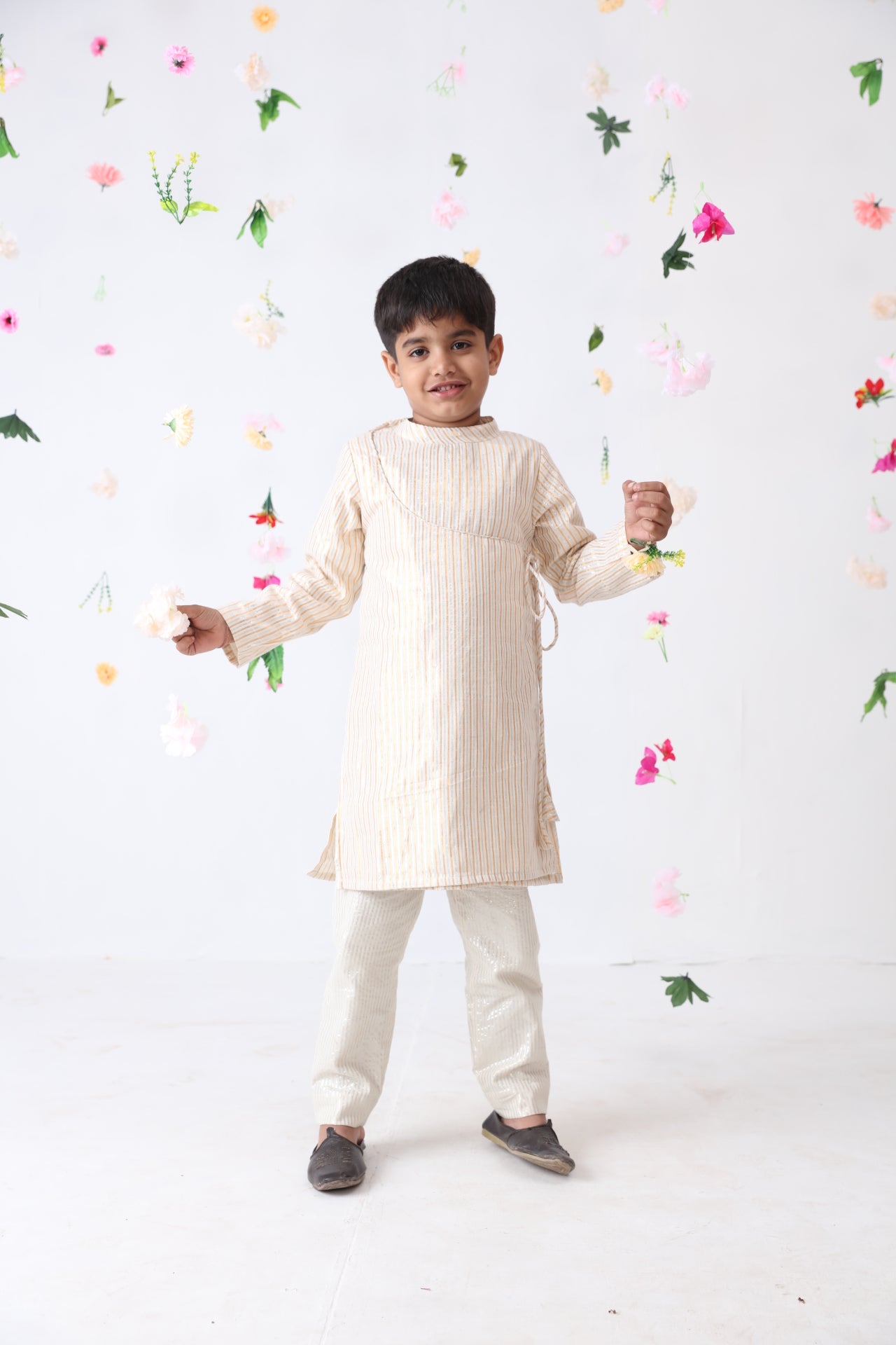 Boys Cotton Lurex Kediya Styled Kurta With Silver Striped Pant