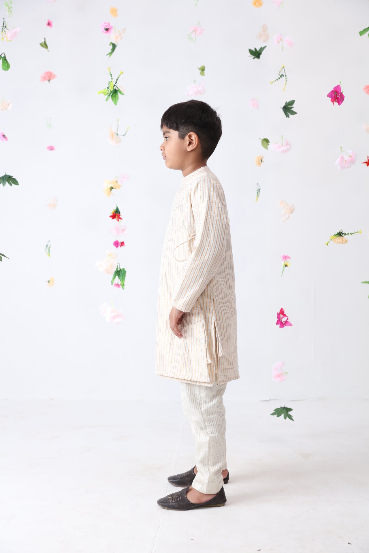 Boys Cotton Lurex Kediya Styled Kurta With Silver Striped Pant