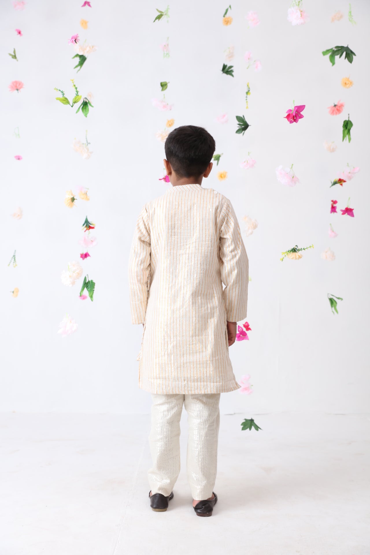 Boys Cotton Lurex Kediya Styled Kurta With Silver Striped Pant