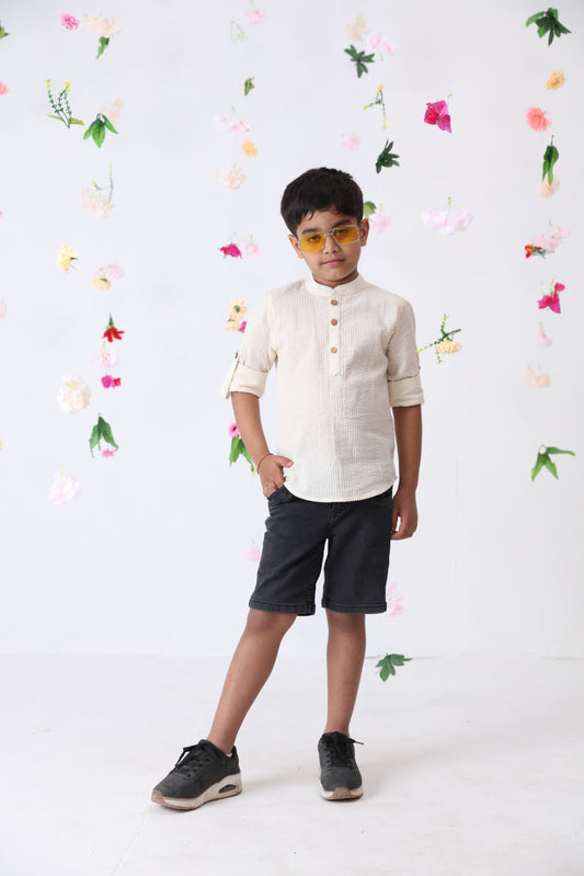 Boys Cotton Seersucker Roll-up Sleeves Shirt