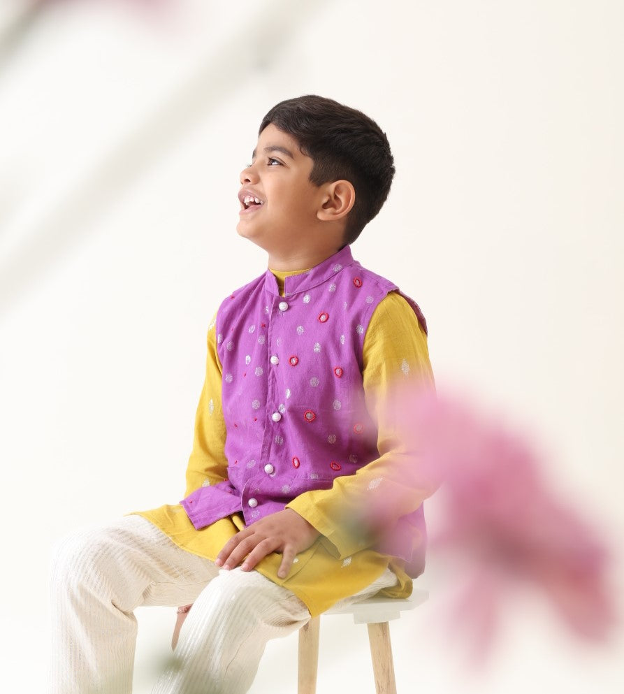 Boys Purple Cotton Hand-Embroidered Jacket Only