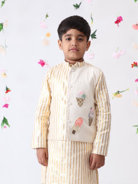 Boys Off-white Cotton Hand Embroidered Ice-cream Jacket Only