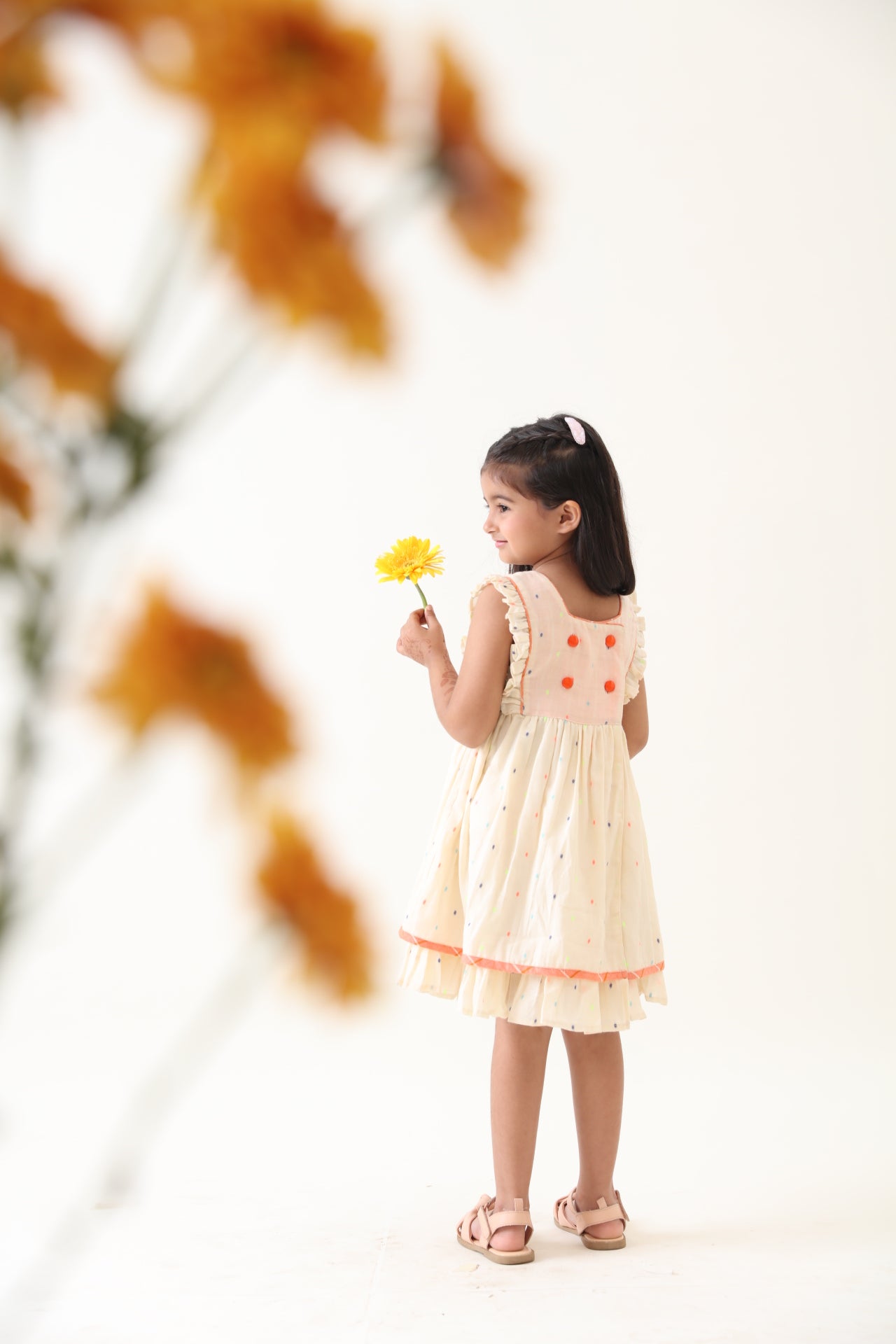 Girls Off-White Cotton Lurex Gathered Dress