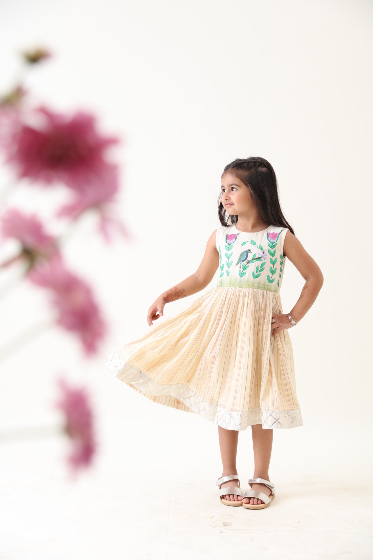 Girls Off-white Cotton Lurex Hand-painted Dress