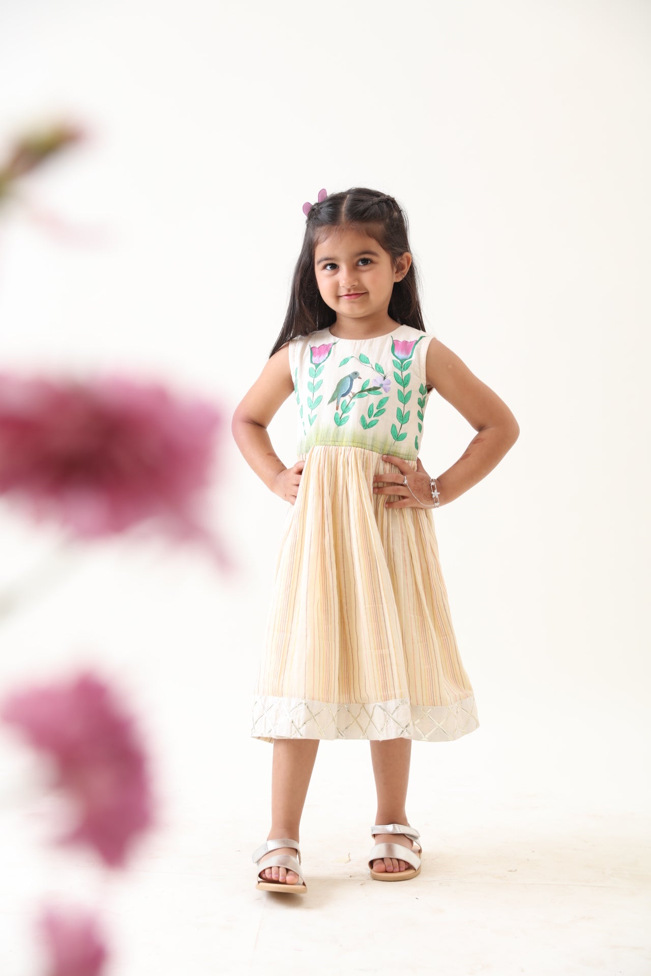 Girls Off-white Cotton Lurex Hand-painted Dress