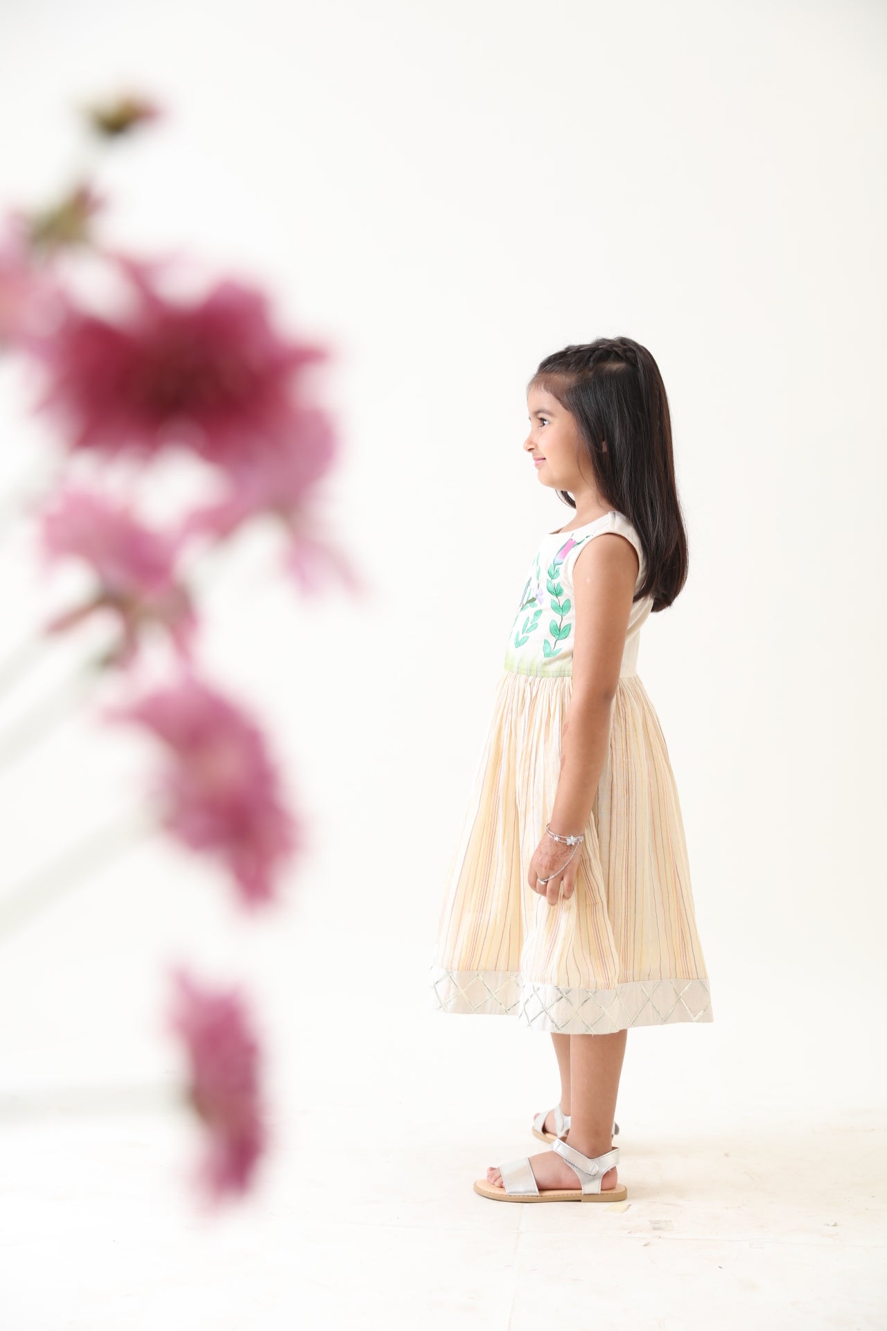 Girls Off-white Cotton Lurex Hand-painted Dress