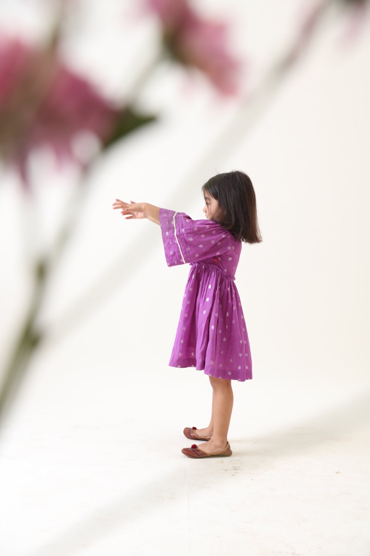 Girls Purple Cotton Lurex Handcrafted Dress