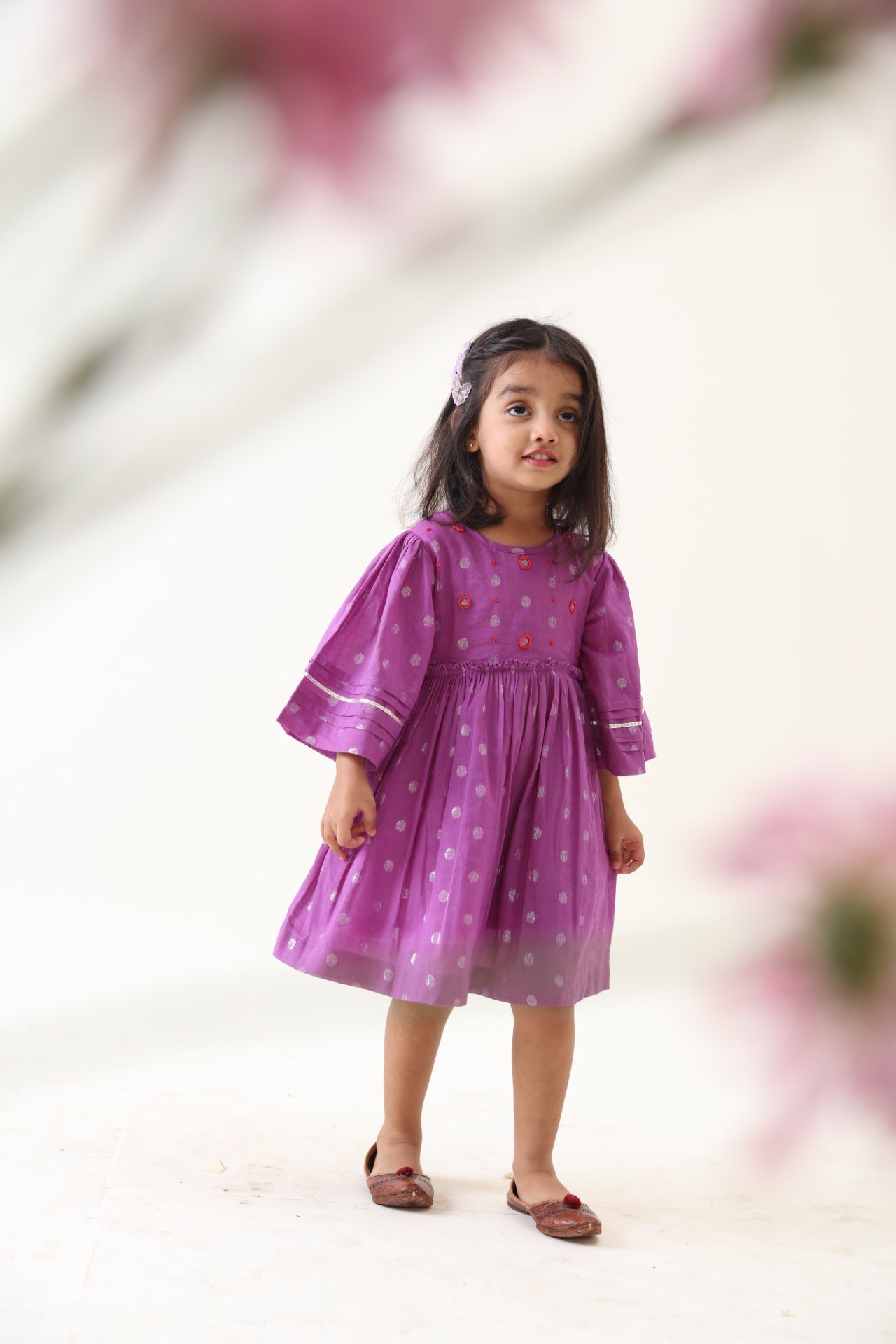 Girls Purple Cotton Lurex Handcrafted Dress