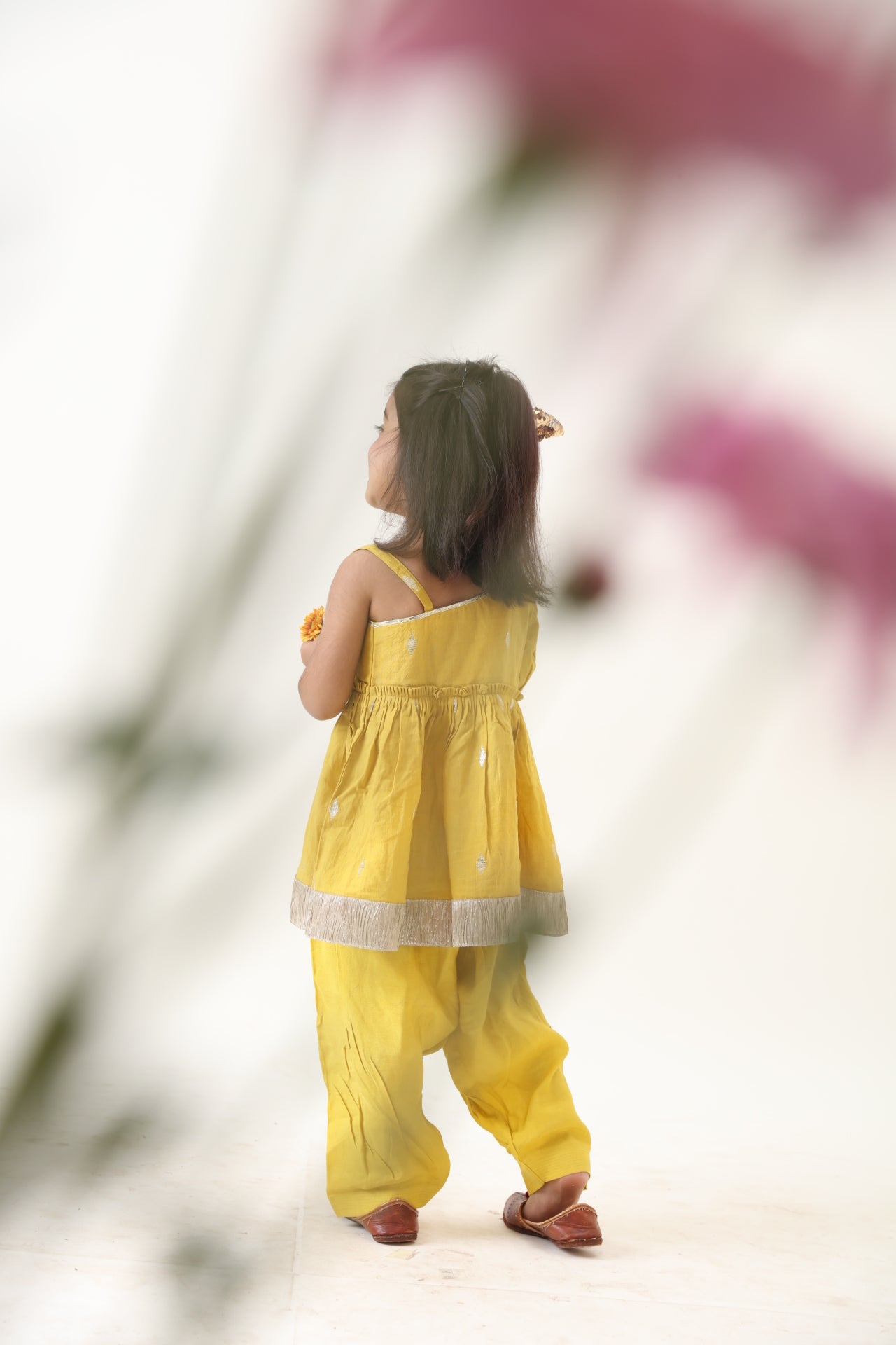 Girls Yellow Cotton Lurex Flounce Kurta Pyjama