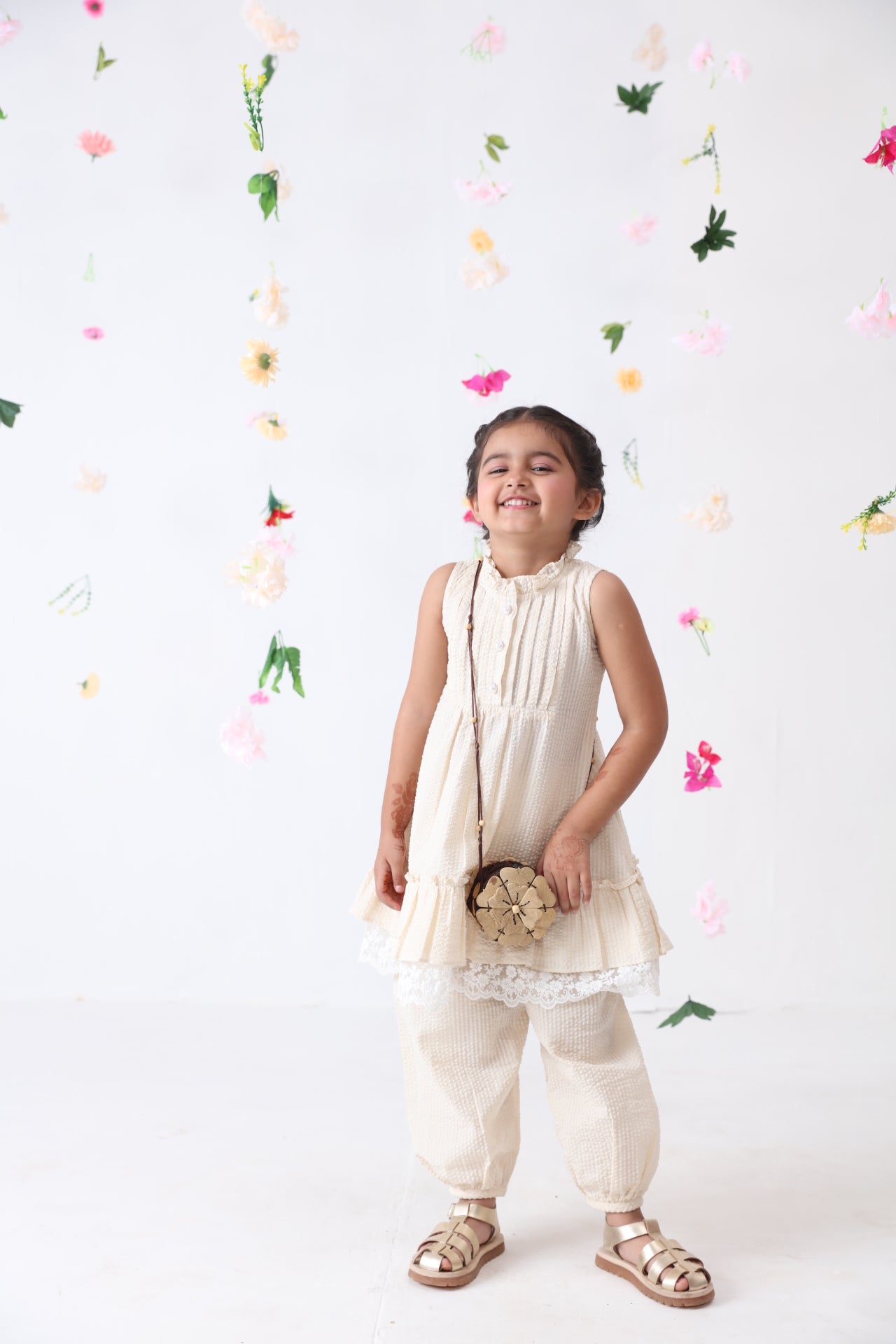 Girls Off-white Seersucker Cotton Co-ord