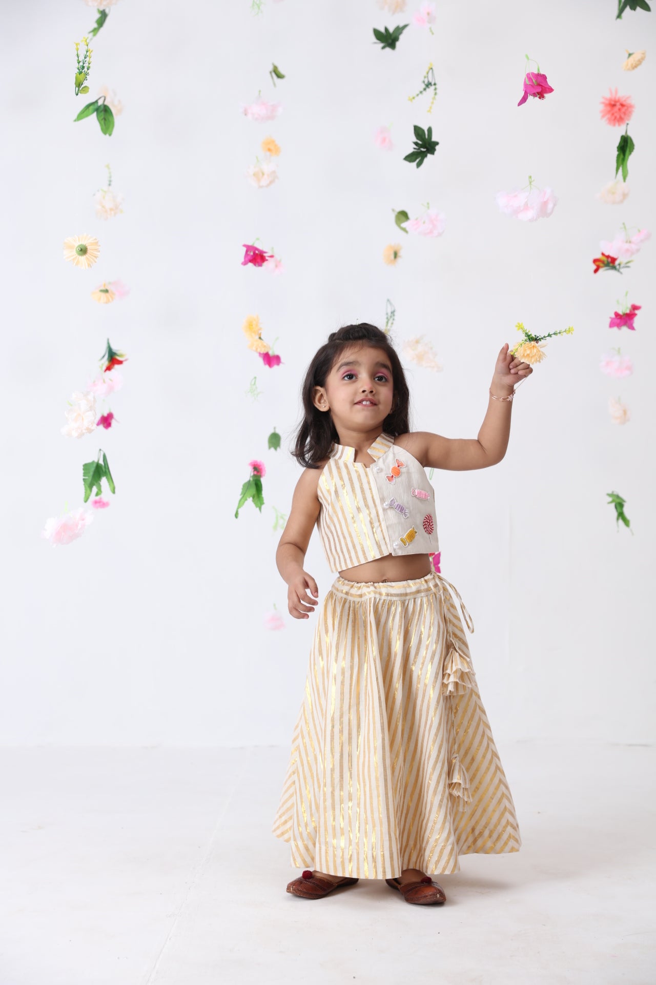 Girls Off-white Cotton Golden Lurex Handworked Lehenga Set