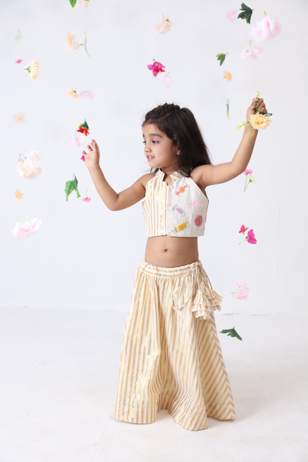 Girls Off-white Cotton Golden Lurex Handworked Lehenga Set