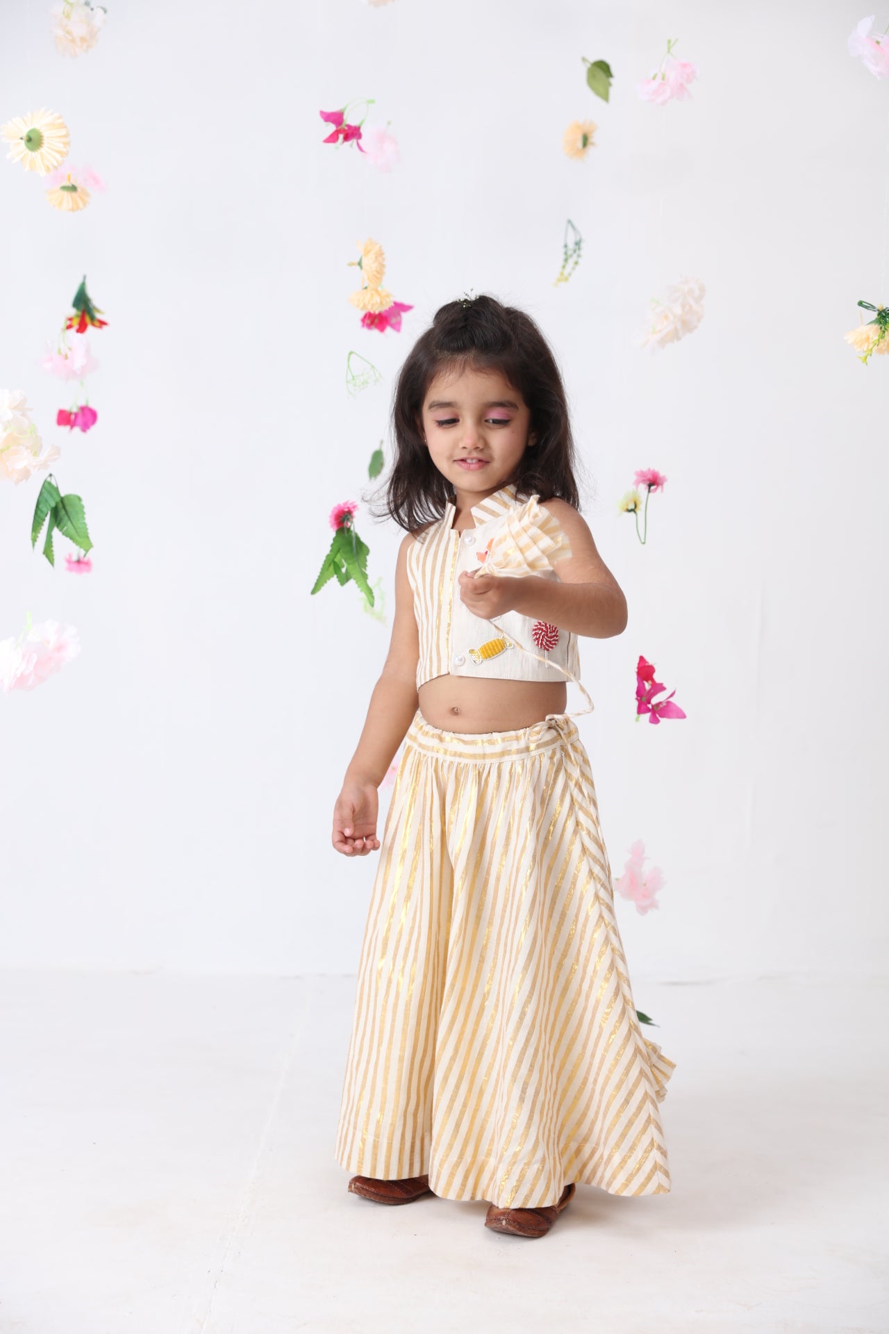 Girls Off-white Cotton Golden Lurex Handworked Lehenga Set