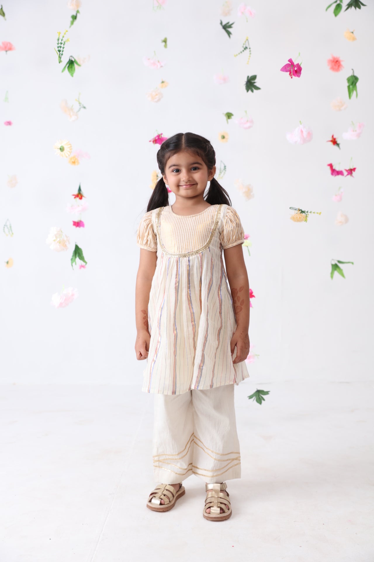 Girls Multicolored Lurex Kurta With Cotton Lace Stitched Palazzo