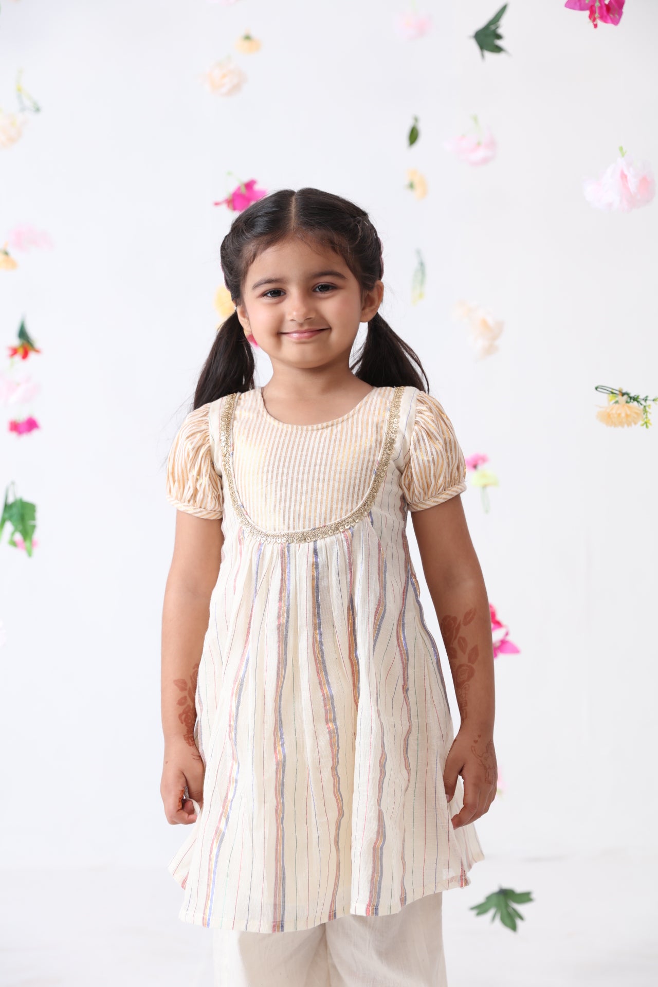 Girls Multicolored Lurex Kurta With Cotton Lace Stitched Palazzo