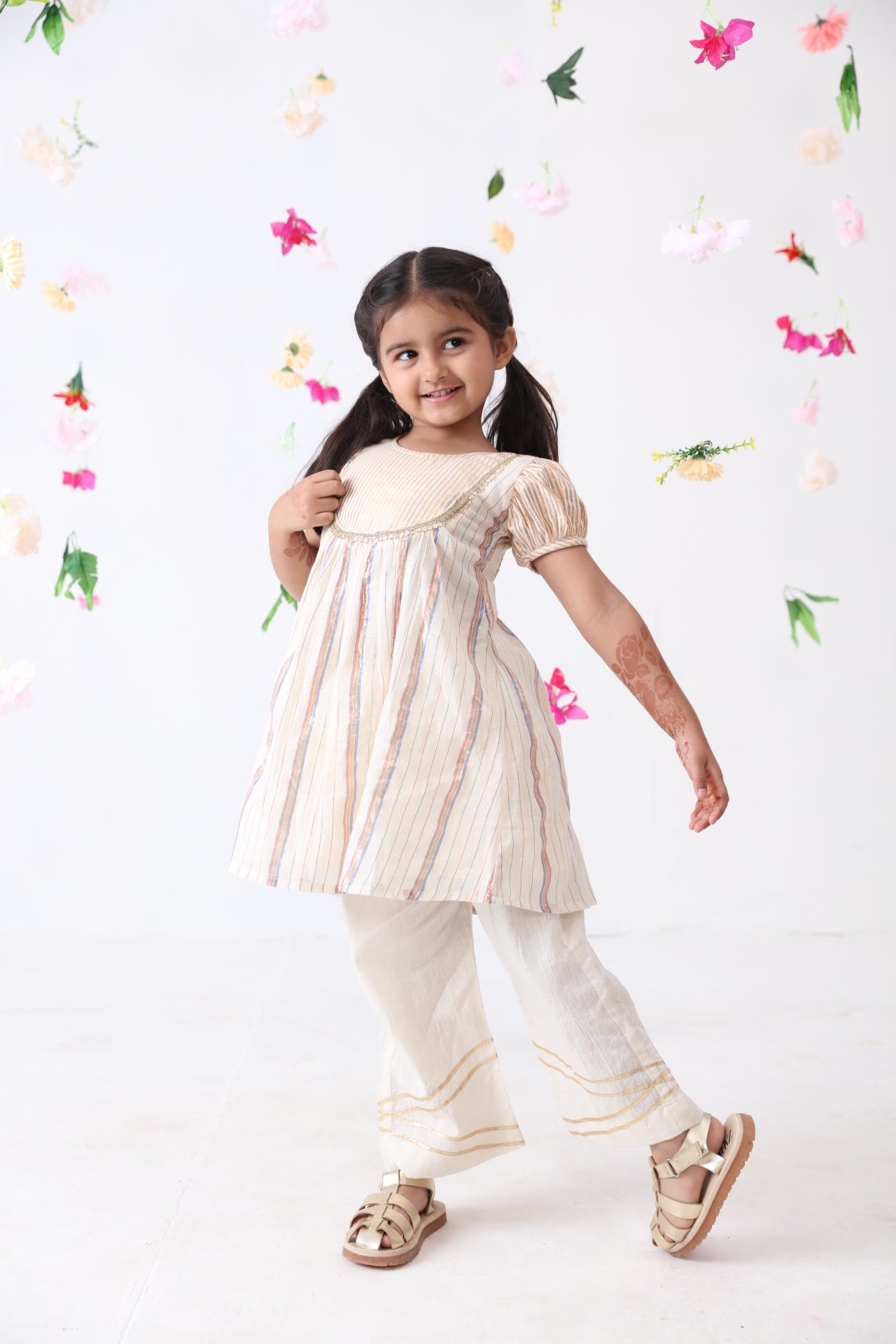 Girls Multicolored Lurex Kurta With Cotton Lace Stitched Palazzo