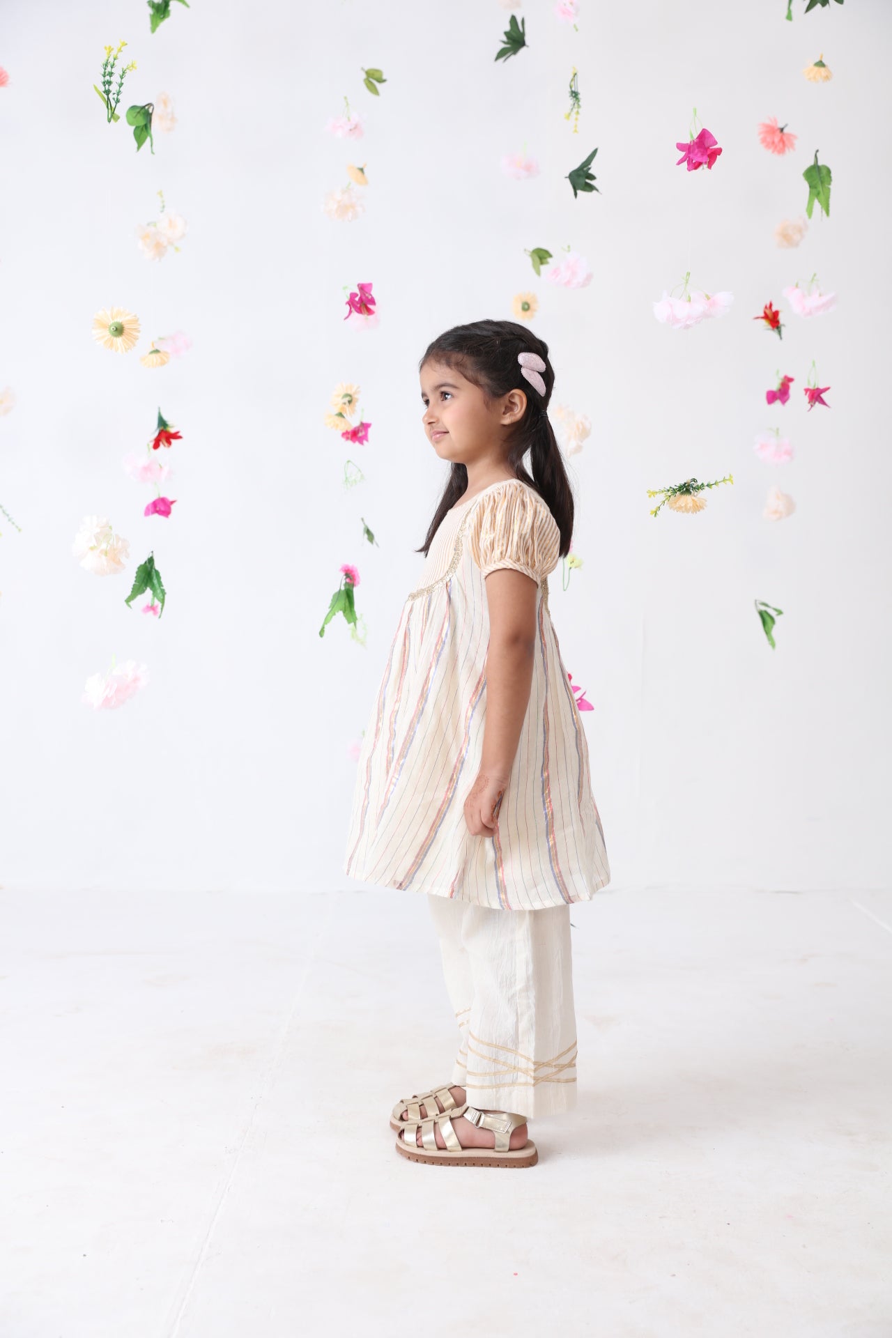 Girls Multicolored Lurex Kurta With Cotton Lace Stitched Palazzo