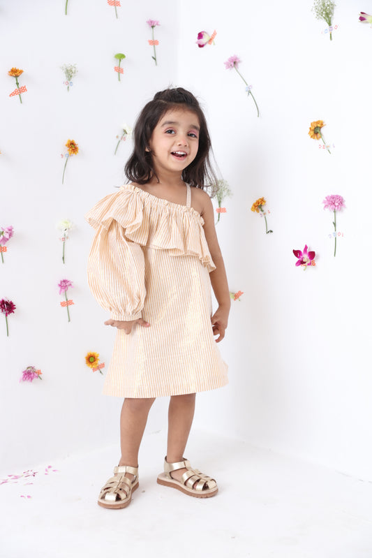 Girls White Golden Lurex Cotton Stripe Dress