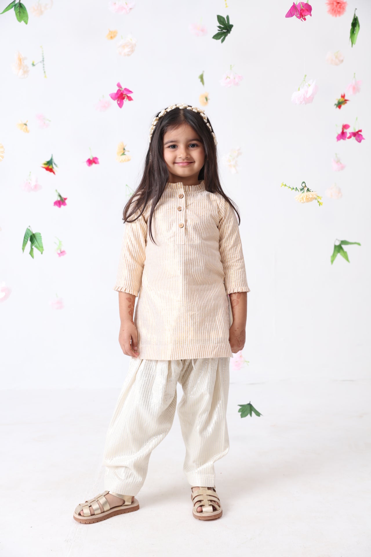 Girls Golden Stripe Lurex Cotton Kurti With Silver Stripe Patiala