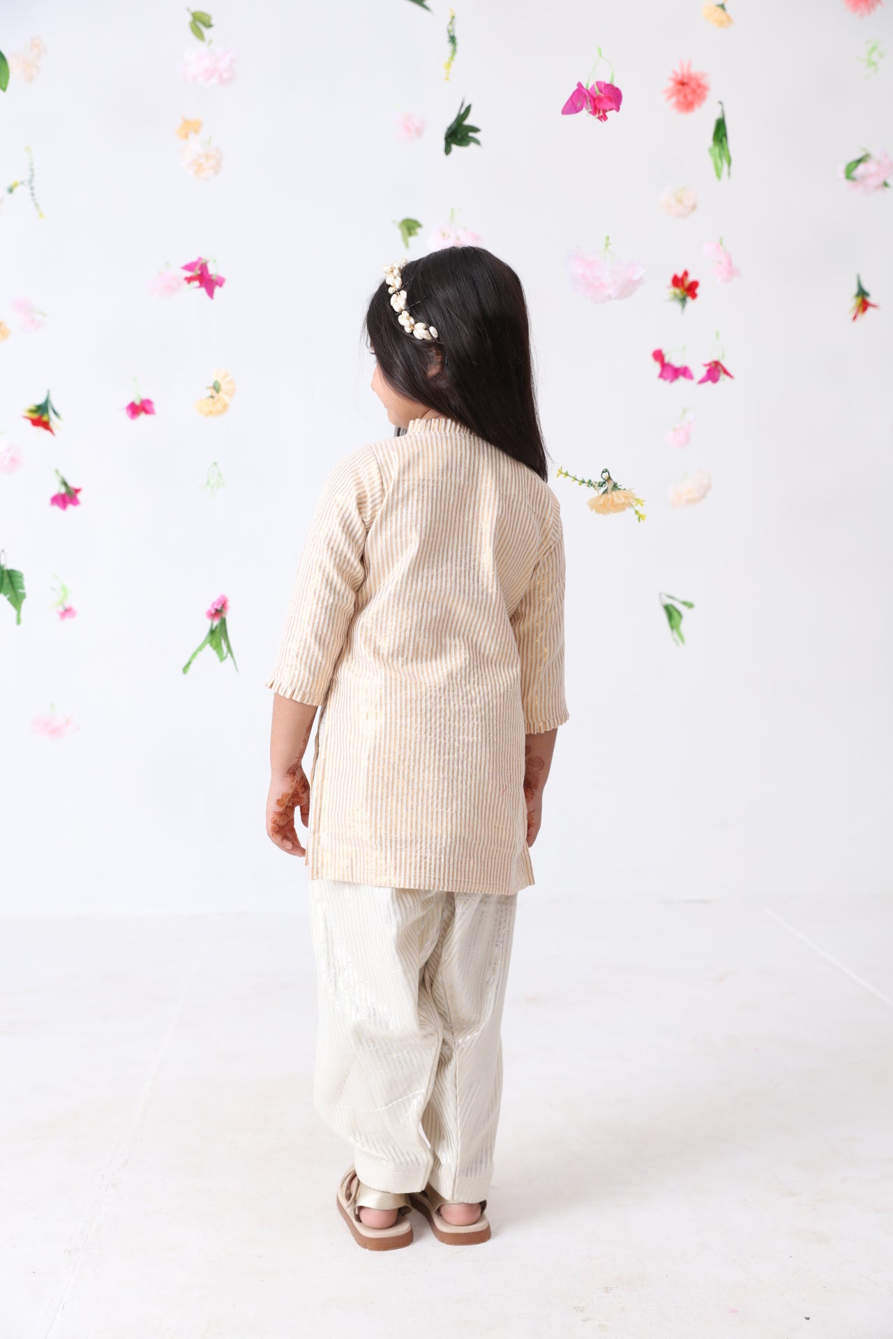 Girls Golden Stripe Lurex Cotton Kurti With Silver Stripe Patiala