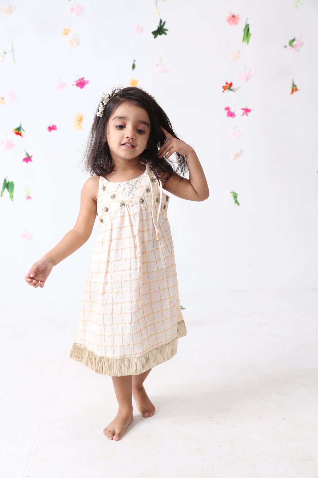 Girls Off White-golden Checks Hand Embroidered Dress