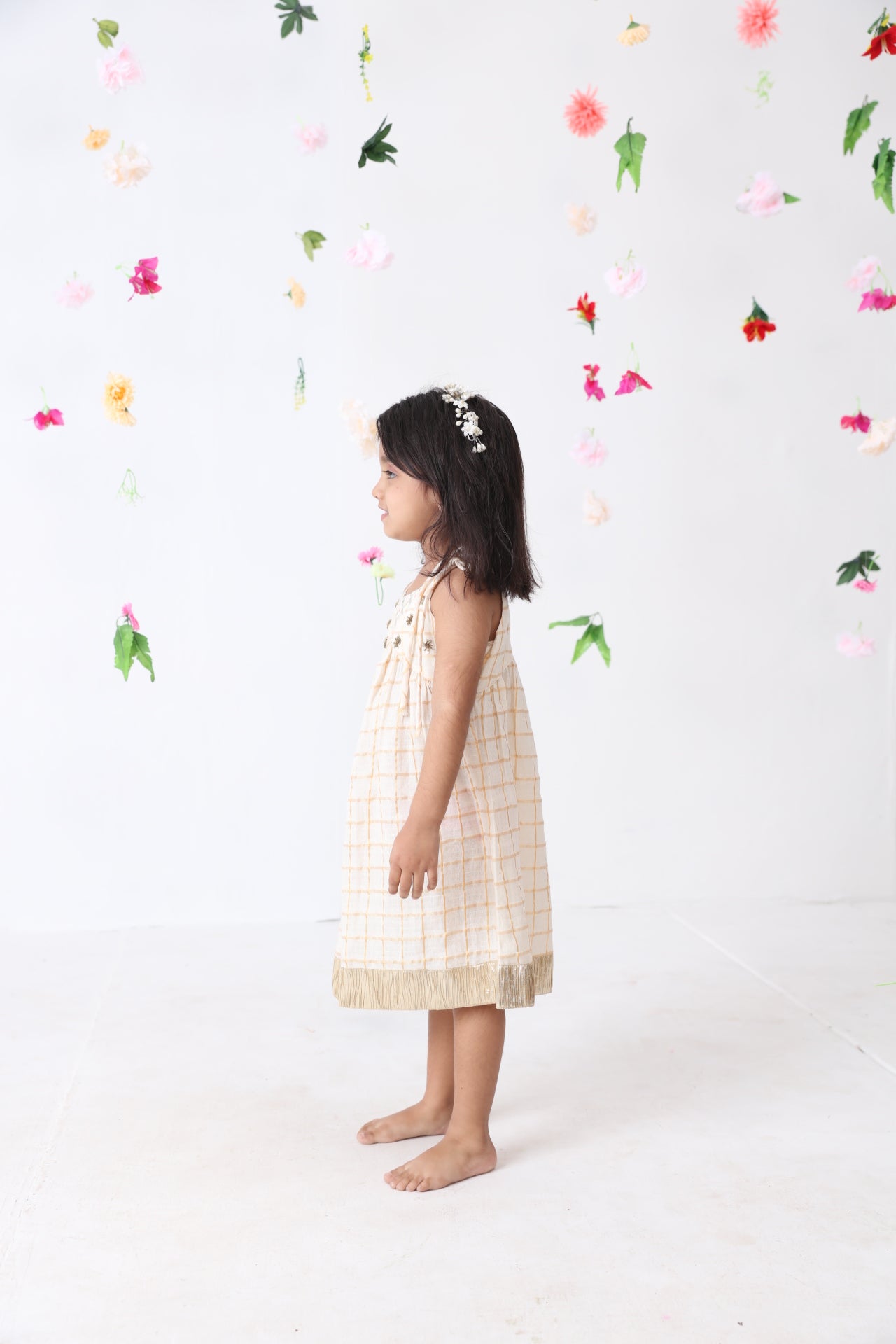 Girls Off White-golden Checks Hand Embroidered Dress