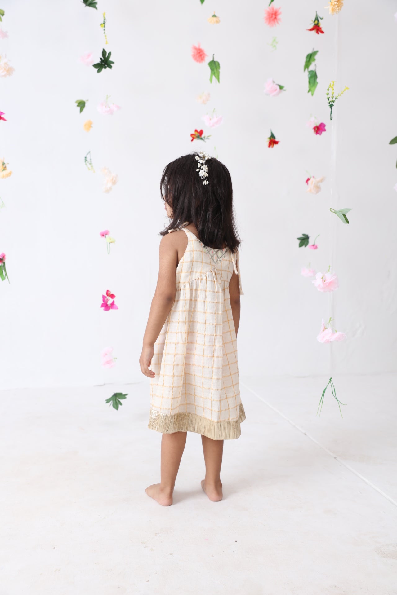 Girls Off White-golden Checks Hand Embroidered Dress