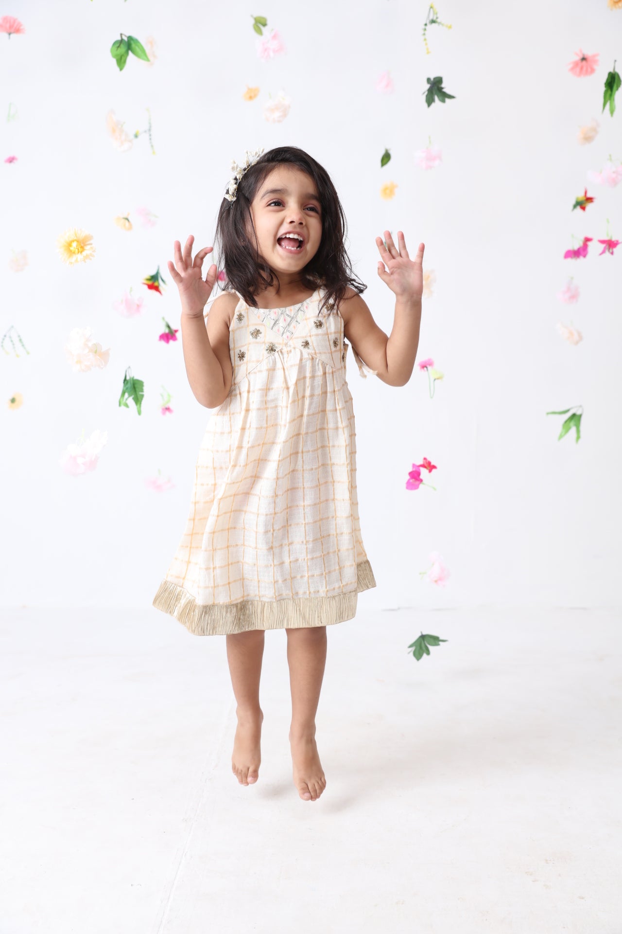 Girls Off White-golden Checks Hand Embroidered Dress