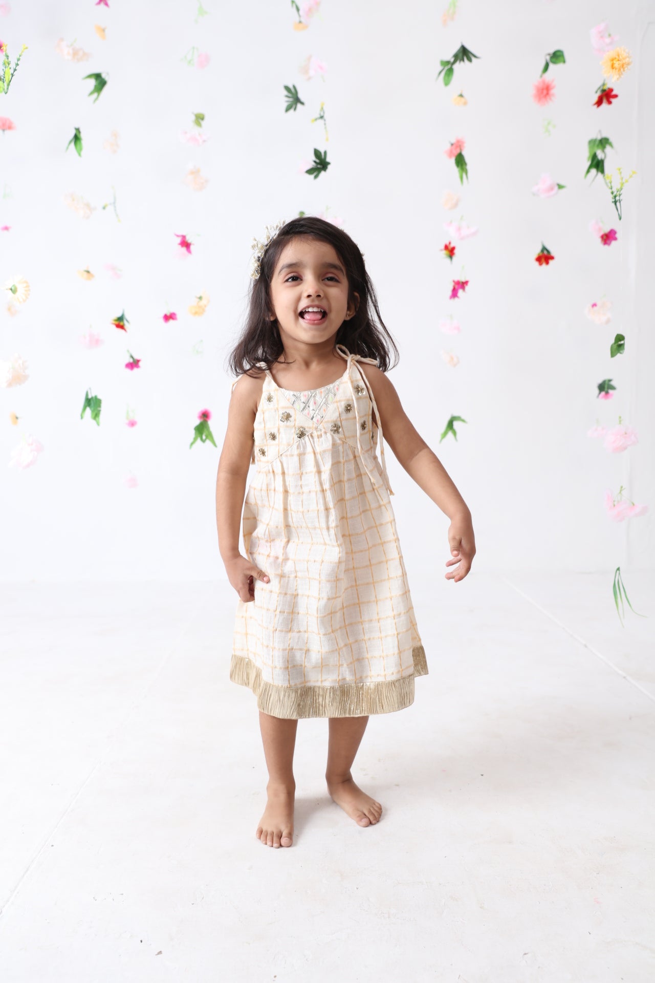 Girls Off White-golden Checks Hand Embroidered Dress