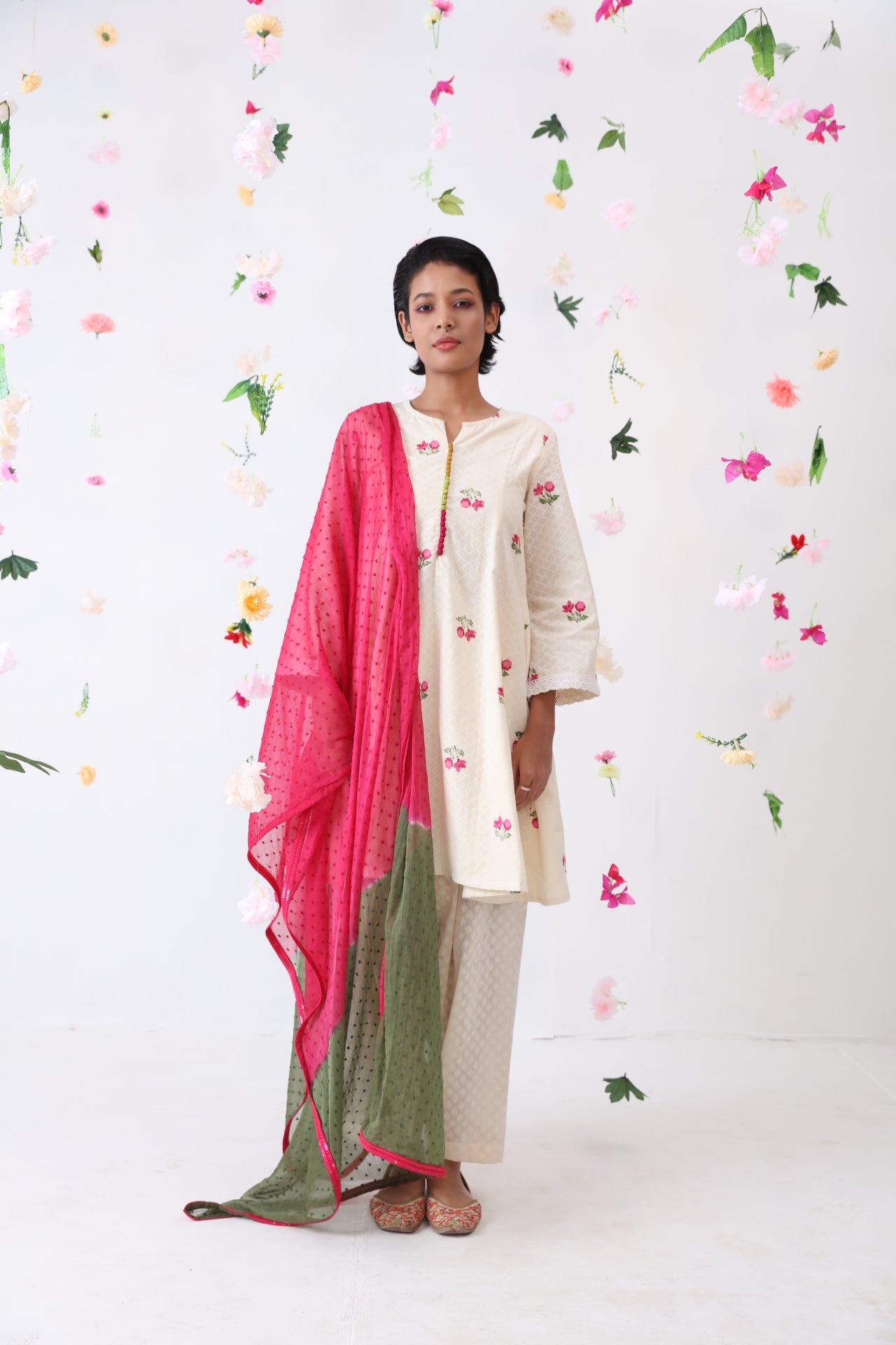 Cherry Screen Print Kurta, Bottom & Dupatta