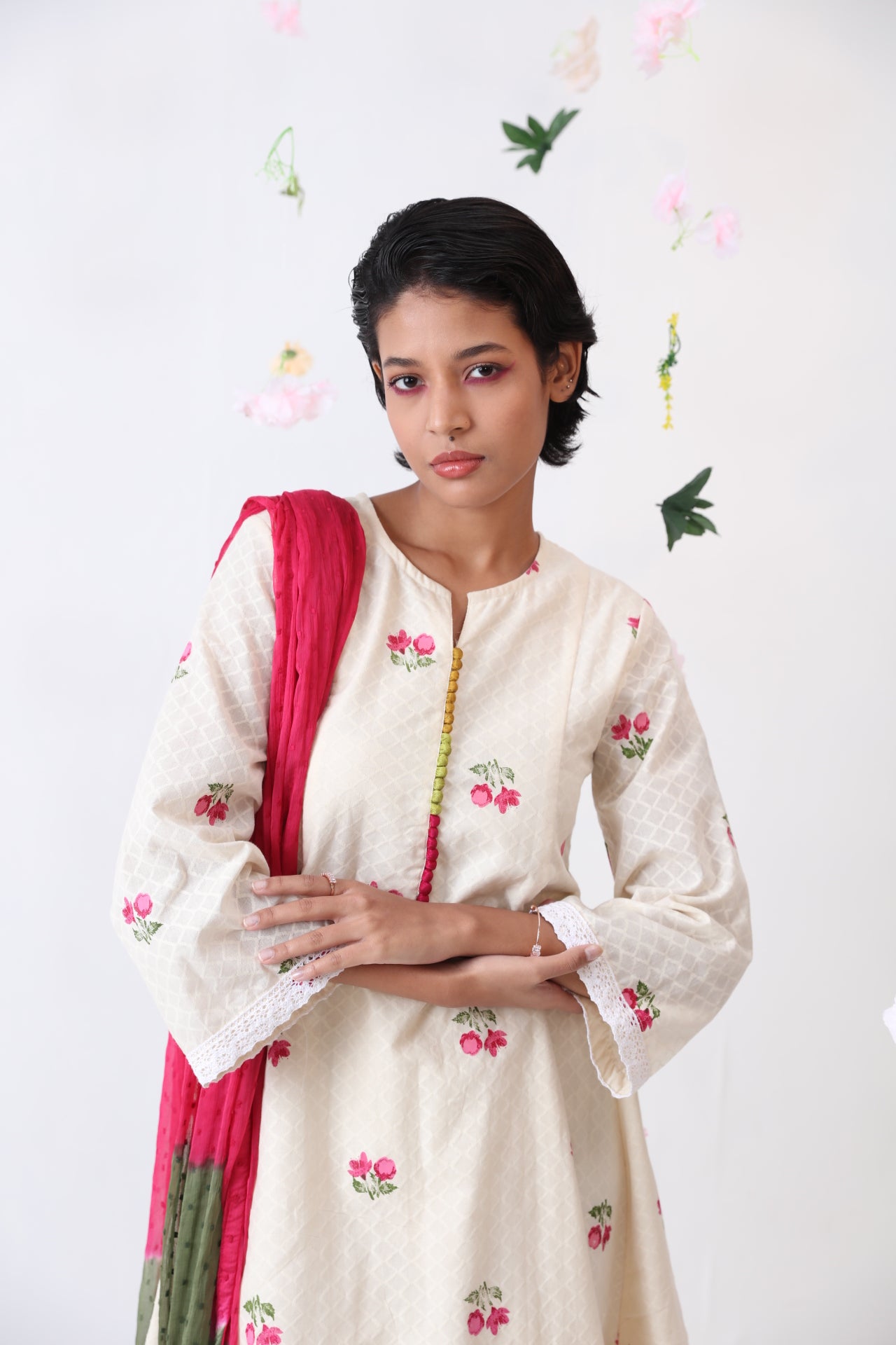 Cherry Screen Print Kurta, Bottom & Dupatta