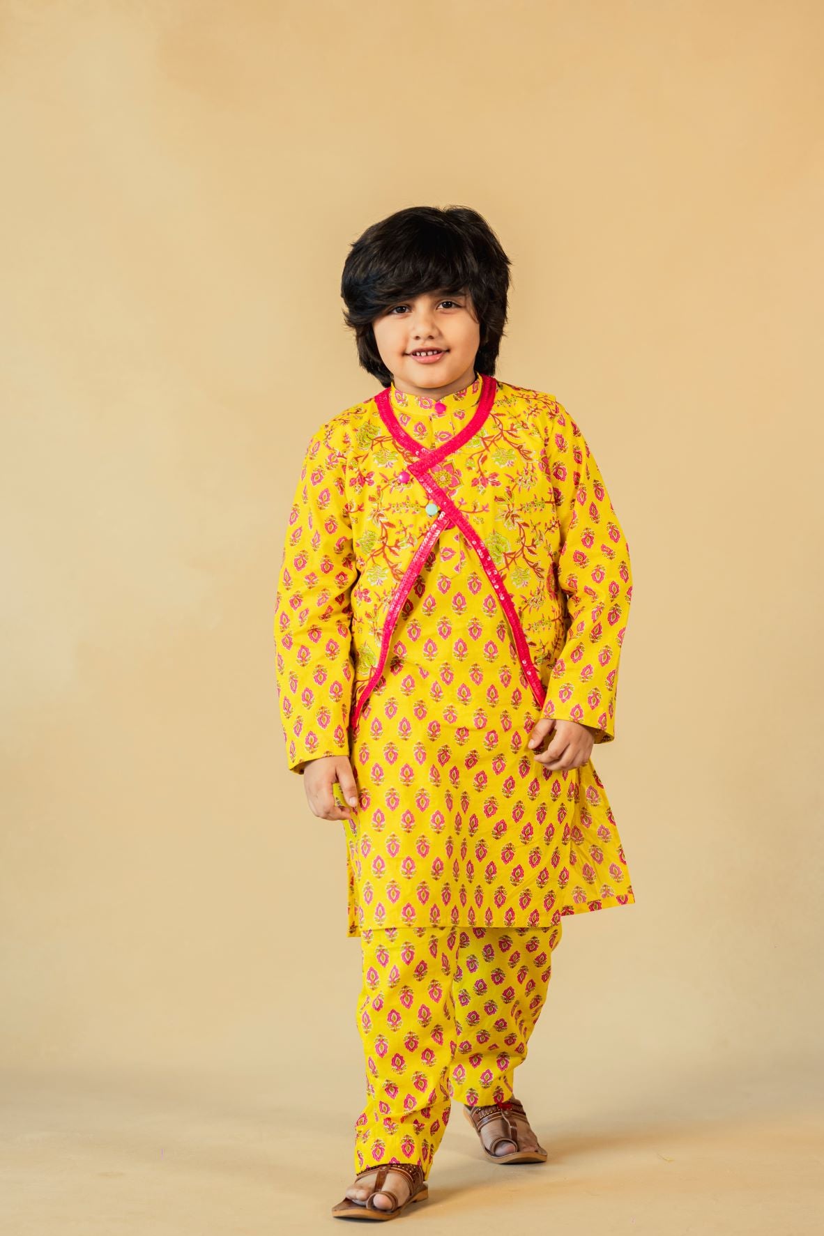 Boy (set of 3) Cotton Printed Kurta Set With Ethnic Jacket