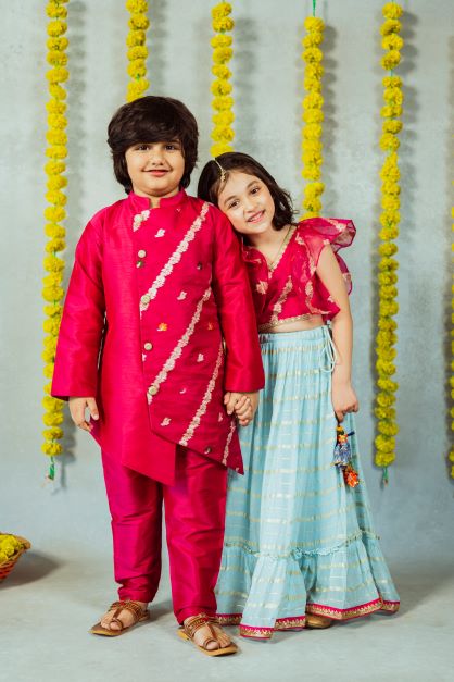 Boys Pink Organza Kurta with pant